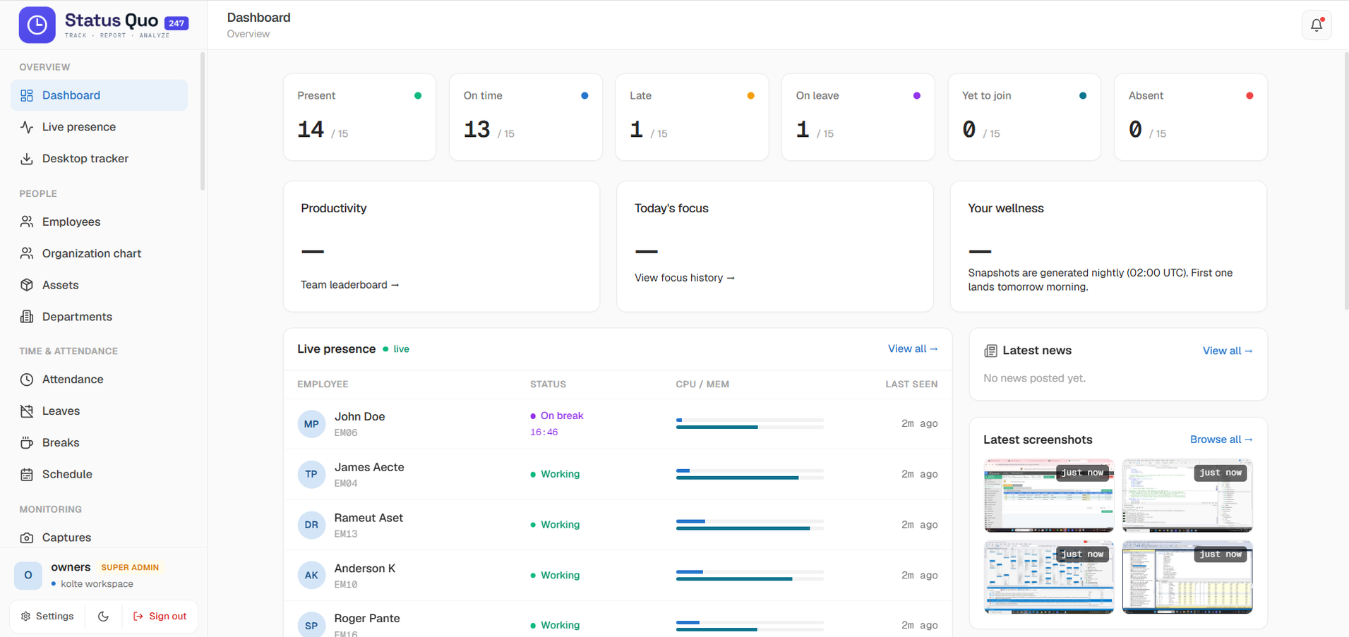 Status Quo 247 dashboard